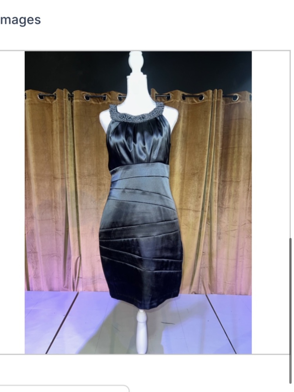 Bisou Bisou Black Satin Halter Midi Dress with Beaded Neckline
